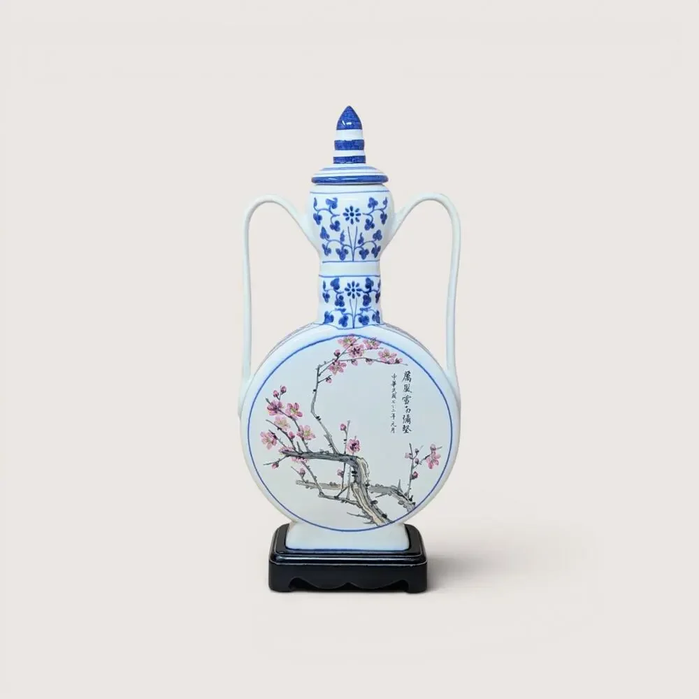 Vintage Chinoiserie Blue White Porcelain Moon Flask Rose Vase Set